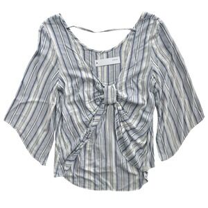 DREW Anthropologie L White Blue Striped Bow Back Bell Sleeves Blouse Preppy Chic